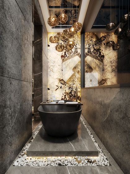 These renders depict a narrow, spa-like bathroom with a freestanding tub. We've experimented with two different feature walls, one with floral mosaics and one with abstract gold patterns, showing how we can visualize options for a client.