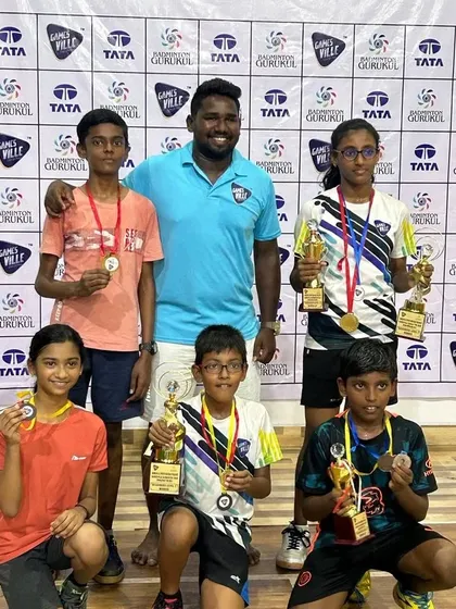 A coach with a group of proud winners at the Gamesville Badminton Tour in Tuticorin. We empower our partner academies to host their own successful tournaments.