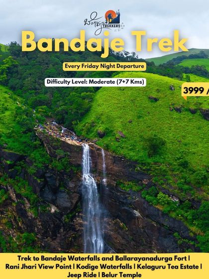 Experience the stunning Bandaje trek, a 14 km journey to the magnificent waterfalls and Ballarayanadurga Fort. Our package covers everything from transport to a thrilling jeep ride.