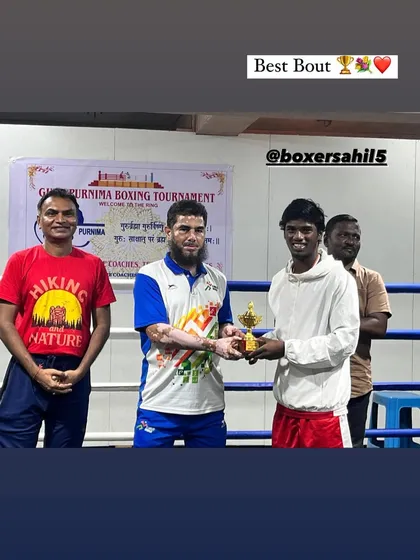 Sahil receiving his 'Best Bout' award at the Guru Purnima Novices and Masters Tournament. We don't just win; we put on performances that are recognized for their skill and heart.