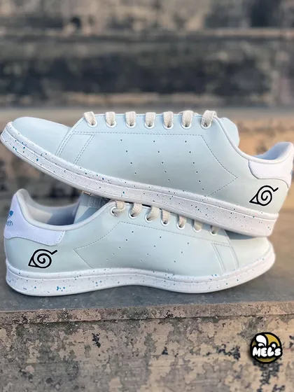 The back of the custom Adidas sneakers, featuring the Leaf Village symbol from Naruto for an extra touch of personalization.
