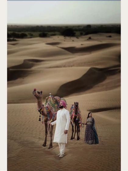 A collage showing the couple together in the vast desert landscape with their camels, capturing the epic scale of the Thar Desert.