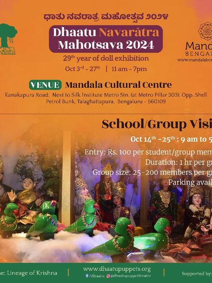 An announcement for school and group visits for the Dhaatu Navarātra Mahotsava 2024. We offer special hours and pricing for educational groups of 25 to 200 students.