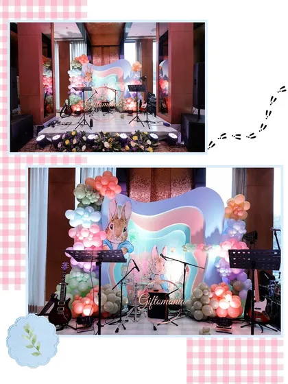 A unique stage setup for a Peter Rabbit themed event that also included a live band, showing how I can integrate entertainment needs into the decor.