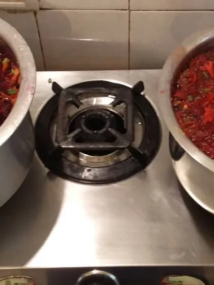 A major cooking day in the kitchen. These two large pots are filled with my beetroot and carrot recipe, simmering away before being packed into over 40 meal boxes for my clients.
