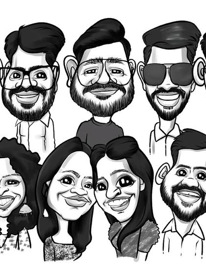 A black and white group caricature created for a team. This is a great way to get a portrait of a large group of friends or colleagues.