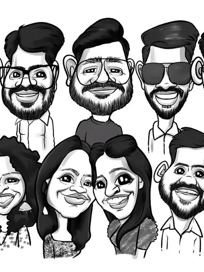 A black and white group caricature, perfect for office teams, groups of friends, or families. I can combine individual photos to create a single cohesive artwork.