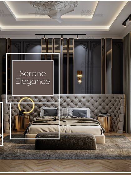 Serene elegance is achieved in this bedroom through a dark, moody color scheme accented with gold details. The tufted headboard and mirrored panels add a touch of glamour and sophistication.