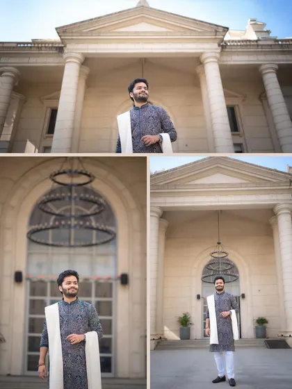 A collage of the groom, Raj, looking dapper in his traditional kurta against a grand, palatial building. These portraits showcase his style and the magnificent wedding location.