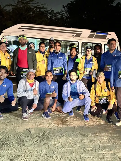 The Fit Zone team ready to take on the Aravali Trail Run. A group photo in front of the support vehicle before the race begins, showing our preparedness.