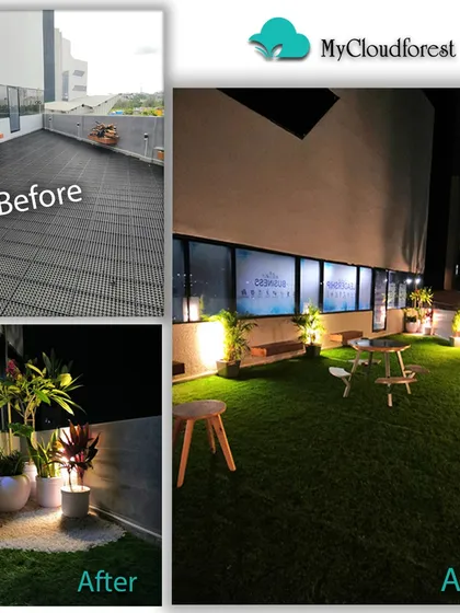 This before and after collage shows the dramatic transformation of a bare commercial terrace. I turned a stark, empty area into a lush, inviting green lounge for employees and clients using durable artificial grass, strategic lighting, and potted plants, making the space functional day and night.