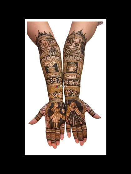 The full view of the personalized bridal mehendi, combining traditional portraits with unique elements that are special to the couple.