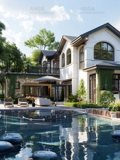A farmhouse design can be both charming and luxurious. For this home, I used classic arched windows and a sprawling patio that opens up to an infinity pool, creating a sophisticated haven that feels connected to the landscape.