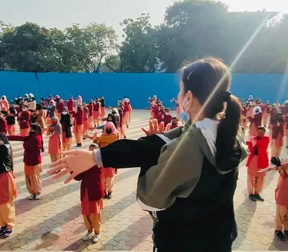Students at SKV Noor Nagar practicing synchronized blocking movements. These drills are key for building muscle memory and ensuring the techniques become second nature.
