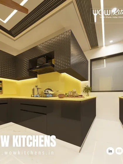 A bold and classy kitchen design. The textured black upper cabinets contrast beautifully with the bright yellow backsplash and glossy black lower cabinets for a truly unique look.