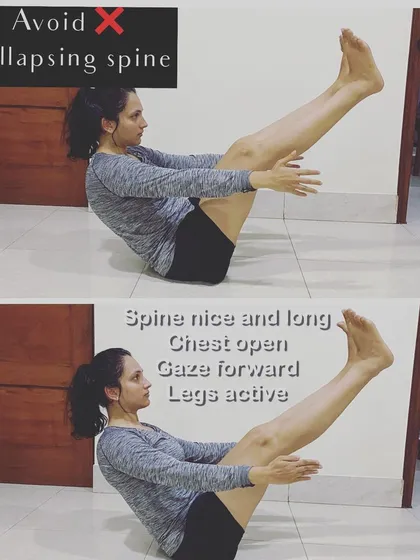 Building core strength is essential for supporting your spine and improving posture. This image shows the correct way to practice Navasana (Boat Pose) versus the common mistake of collapsing the spine. A strong core helps prevent the "desk slump" and reduces lower back strain.