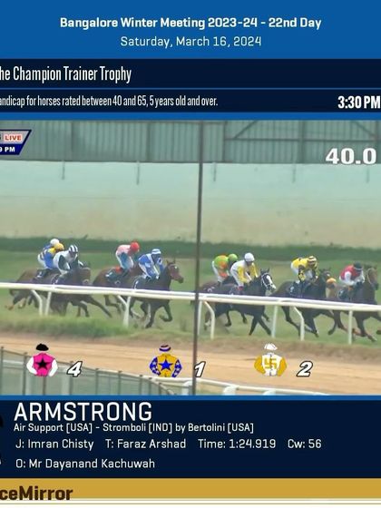 Race 5 results from March 16, 2024: Armstrong wins The Champion Trainer Trophy.