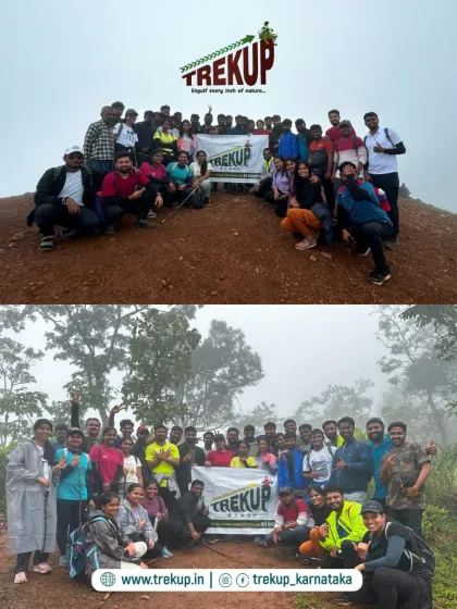 Two different batches from the Netravathi trek, both full of energy and happy faces, posing with our banner.