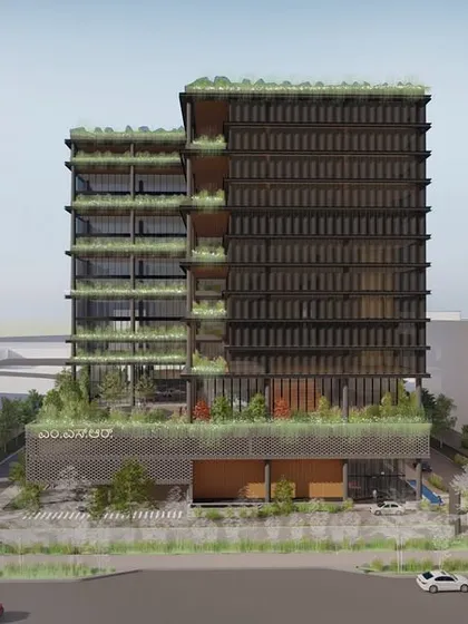 This rendering of the MSR Tower in Bangalore shows my vision for the future of urban workplaces. The design incorporates extensive green terraces and a kinetic facade, bringing nature and flexibility into a high-rise commercial building.