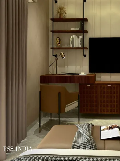 Another view of the study area, showing how it is seamlessly integrated into a larger room. The open shelving provides a great opportunity for styling with books and decor.