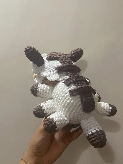 The back of the Appa doll, showing the arrow pattern along his body. Every detail is crocheted with care to make the character as accurate as possible.