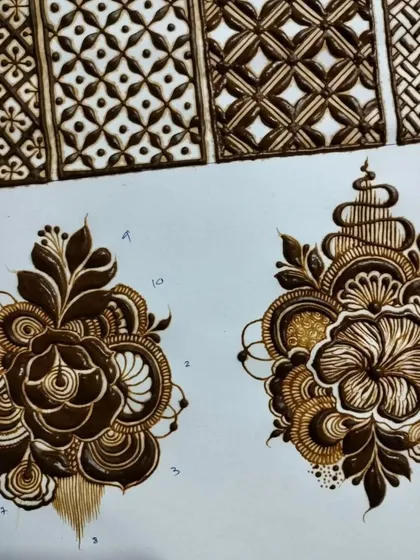 My classes are built on a strong foundation. Here you can see examples of the practice drills I provide, from complex filler grids to detailed floral motifs. We work on paper to build muscle memory before moving to skin.