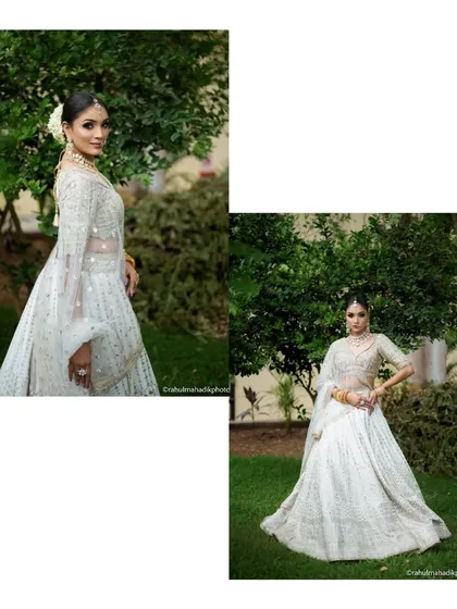 A two-photo collage showing different angles of the bride in her elegant lehenga. It provides a more complete view of her outfit and graceful presence in the garden setting.