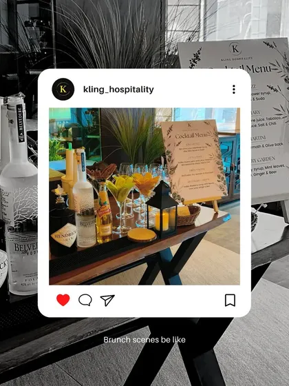 A stylish brunch scene from a corporate gathering. The image highlights a well-appointed bar with premium spirits like Hendrick's and Belvedere, along with a custom cocktail menu, setting the tone for a relaxed networking event.