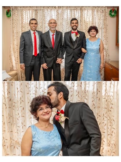 A collage of the groom with his family. It captures a formal family portrait and a sweet, candid moment of him kissing his mother's cheek.