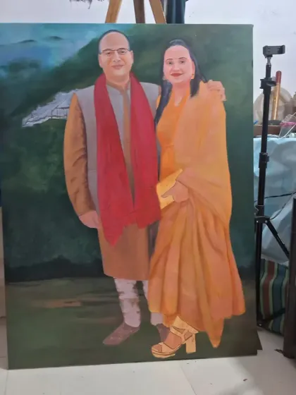 Another view of the large-scale couple portrait on an easel in my studio. This format is ideal for creating a statement piece that becomes a focal point in a room.