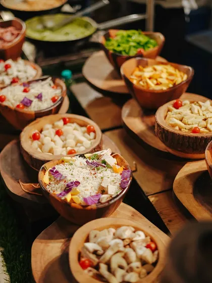 A vibrant display of ingredients at one of our live counters. We use only the freshest and highest quality produce in our cooking.