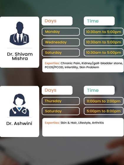 Dr. Shivam Mishra and Dr. Ashwini are available at Grant Road, with expertise in chronic pain, PCOD, skin, hair, and arthritis.