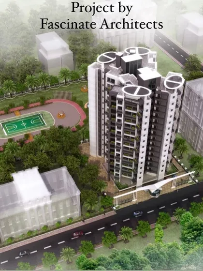 An aerial 3D render of the "Deluxe Homes" project in Kalamboli, showing its placement within a planned environment that includes recreational facilities like a basketball court. This view highlights the project's community-oriented amenities.
