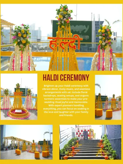 The Haldi ceremony is all about vibrant joy. We designed this stunning rooftop poolside Haldi setup with bright yellow floral arrangements and traditional elements, creating a picture-perfect backdrop for this fun-filled pre-wedding ritual.