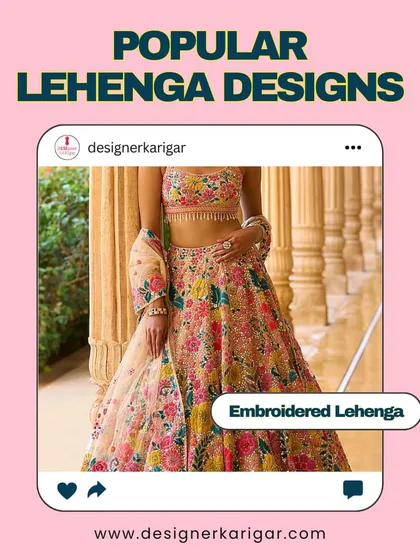 A close-up of a beautifully embroidered floral lehenga. We pay close attention to the intricate details to create a truly special piece for your wedding.