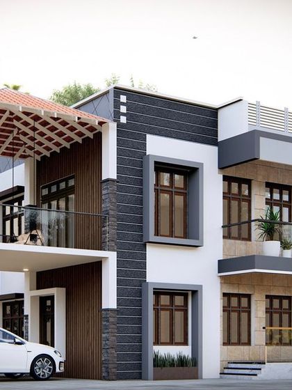 This residential design combines traditional elements like a tiled sloping roof over the porch with modern architectural features. The mix of stone cladding, wood textures, and a dark grey color scheme creates a unique transitional style.