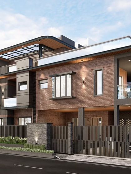 A corner perspective of the Prestige Great Acres villa, highlighting the curved roof element and the integration of a glass-covered terrace. The design combines sharp lines with gentle curves for a dynamic effect.