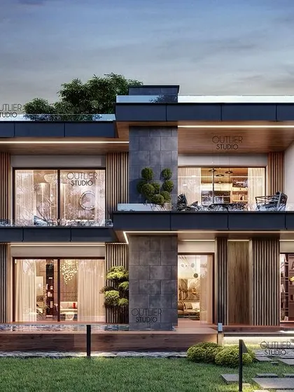 An exterior view of a modern farmhouse-style residence we designed, showcasing multiple balconies, large glass windows, and a seamless integration with the surrounding landscape.