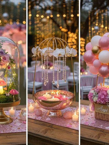 This collage displays three distinct centerpiece ideas for a fairy-themed event. It includes a floral arrangement under a glass cloche, a floating candle bowl with crystal pendants, and a hot-air balloon basket design, showcasing my versatility in table decor.