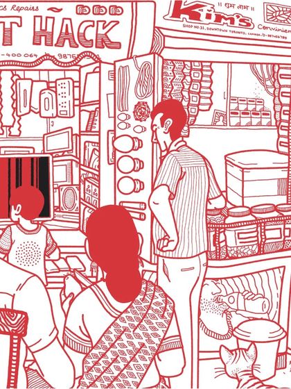 A detailed crop of the mural, focusing on the characters and their interactions within the busy electronics shop scene. Every part of the wall is filled with small stories.