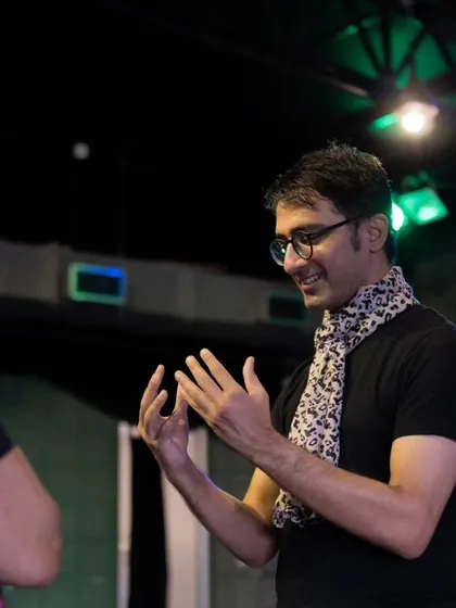A still from a recent shoot for First Drop Theatre, showing an actor in a moment of interaction. Our space is also available for photo and video shoots.