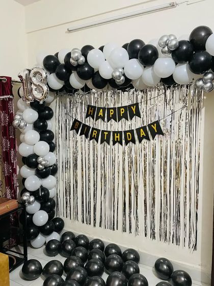 Another angle of the black and white 18th birthday home decoration.