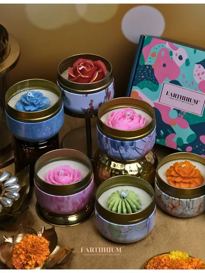 My floral tin jar candles are perfect for taking a piece of home with you. Here's a look at the variety of colors and flower designs available.