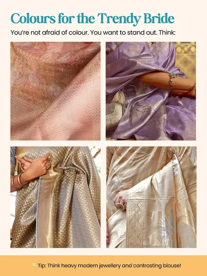 For the trendy bride who wants a modern look. This guide suggests contemporary colors like pastel pink, lavender, and champagne gold, paired with modern jewelry.