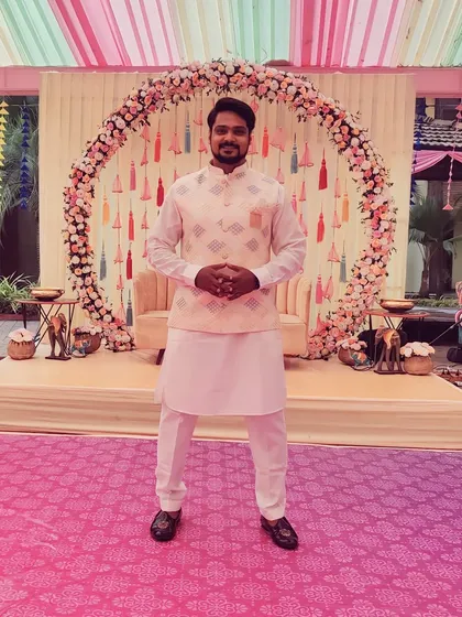 Dressed in pastel for a Haldi ceremony in Silvassa. It's important to match the theme and vibe of the event, right down to the outfit.
