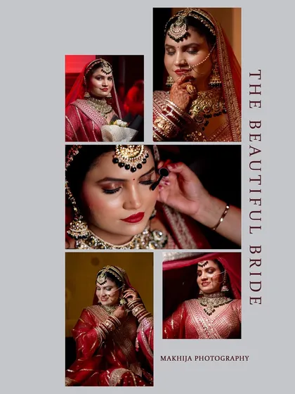 A beautiful collage dedicated to the bride, Shruti. It captures various moments, from makeup application to final portraits, showcasing her complete bridal journey.