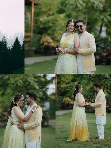 A collage of the couple's romantic portraits during their Haldi event. Even amidst the fun, we find moments for quiet, intimate shots in a beautiful garden setting.