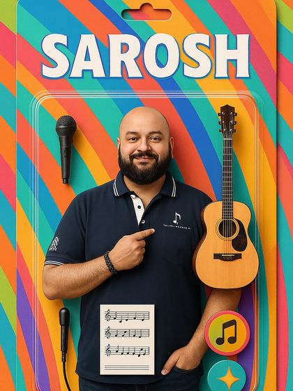 Meet Sarosh, our guitar and vocal teacher. His action figure pack comes with a microphone, a guitar, and sheet music, representing his versatile talents.