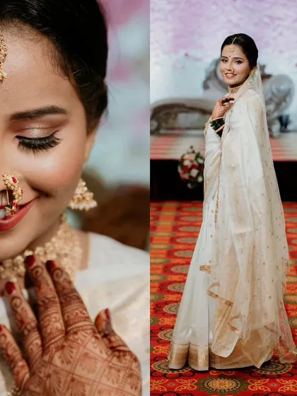 A diptych that combines a close-up of the bride's joyful smile with a full-length shot of her elegant stance. This shows our ability to capture both emotion and style.