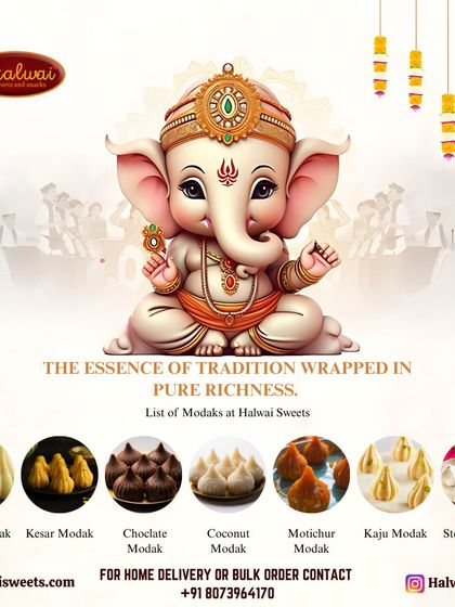 The essence of tradition wrapped in pure richness. I offer a wide variety of modaks, including Mawa, Kesar, Chocolate, and Steam Modak.